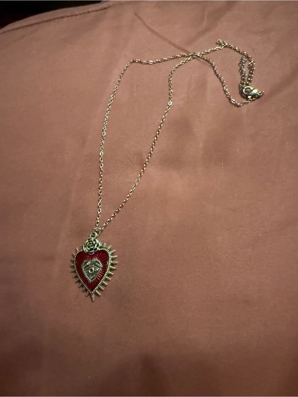 Gold Tone Rose Red Heart Pendant Necklace with Eye Motif